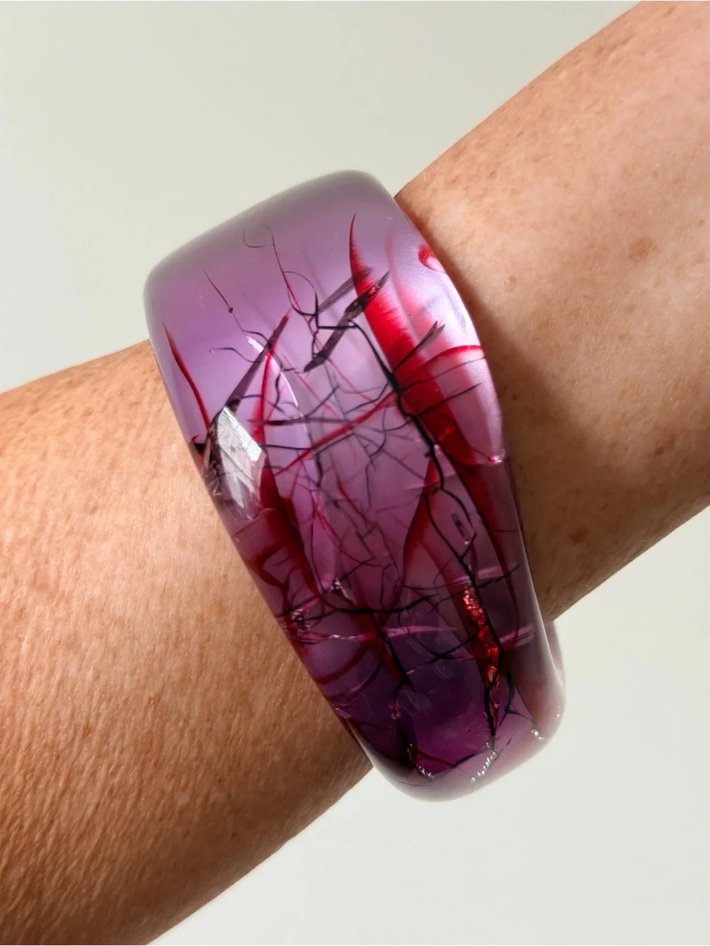 Vintage Purple Resin Bangle Bracelet with Red and Black Vein Accents